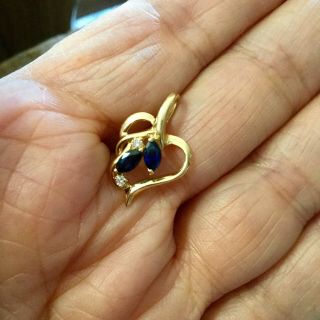 Vintage 14k Sapphire Diamond Heart Pendant Solid Yellow Gold Signed