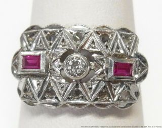 Antique Rose Cut Diamond 18k Gold Silver Top Ring Flame Fusion Ruby Art Deco 7.  5