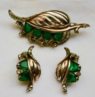Vintage Reja Sterling Gold Tone Rhinestone Leaf Pin & Matching Earrings