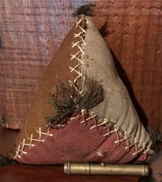 Antique Victorian Sewing Quilted Tri Color Pin Cushion & Brass Needle Case Aafa