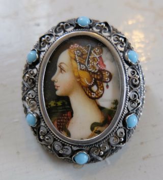 Victorian 800 Silver Filigree Turquoise Hand Painted Portrait Pendant Brooch
