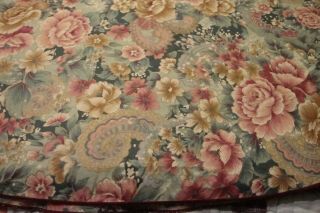 Vintage 70” Round Floral Tablecloth W/ Burgundy Trim Colors Euc 217