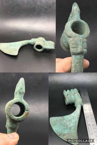 Wonderful Unique Ancient Roman Bronze Rare Axe With Lion Head