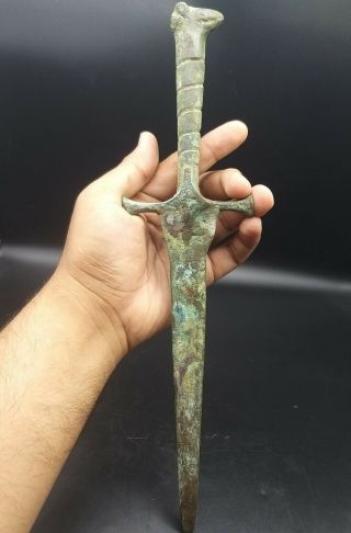 Rare Ancient Old Roman Bronze Dagging Mini Sword With Animal On Top