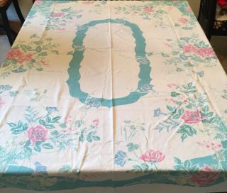 Vintage Aqua And Pink Roses And Morning Glory Tablecloth