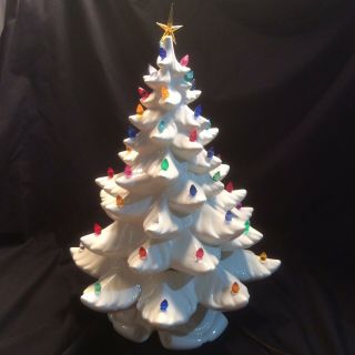 Vtg 18 " Atlantic Mold White Ceramic 3 Piece Christmas Tree With Bulbs Star