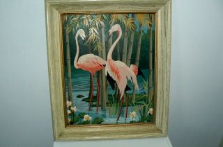 Vintage 16  X 20  Pink Flamingos 50 " S Paint By Numbers Painting Framed.