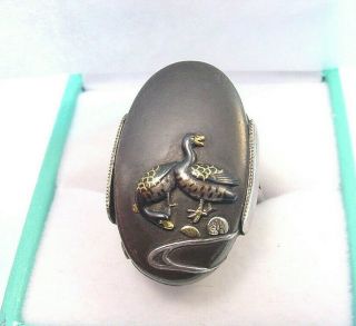Fine Antique Japanese Shakudo Ducks Water Scene Sterling Gold Mixed Metals Ring