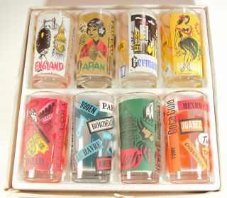 Vintage Boxed Set Of Eight Coca Cola Travel Country 5 1/2 " Tall Gold Rimmed Glas