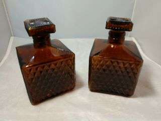 Vintage Amber Brown Pressed Glass Diamond Cut Square Bottle Decanter