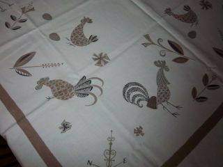 Wonderful Mcm Vintage 65 " Tablecloth Stylized Roosters,  Chickens,  Weather Vanes