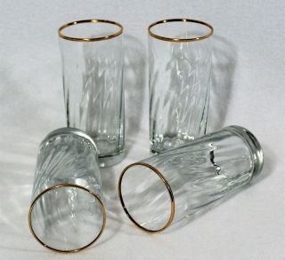 4 Elegant Vintage Drinking Glasses Swirl Glass Gold Rim 6” High Ball Bar Ware