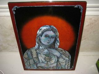 Vintage Hand Made Mother Mary Wood Wall Plaque,  Inlaid Mother Of Pearl Portrait