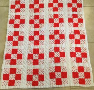 Patchwork Crib Quilt,  Nine Patch,  Hand Quilted,  Red,  White,  Calico Prints