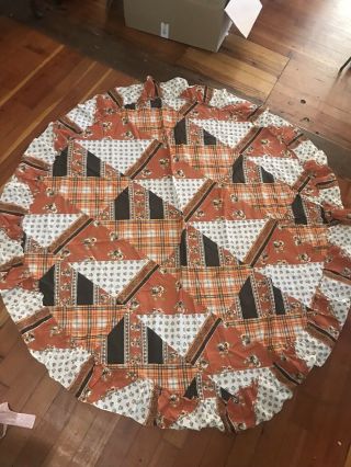 Vtg 70’s Round Orange Quilt Pattern Plaid Flowers Tablecloth Retro Country Hippy