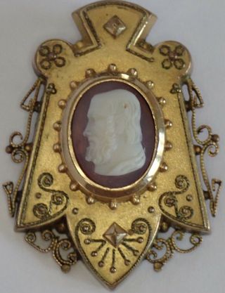 Antique Victorian Gold Filled Carved Hardstone Male Cameo Pendant Brooch