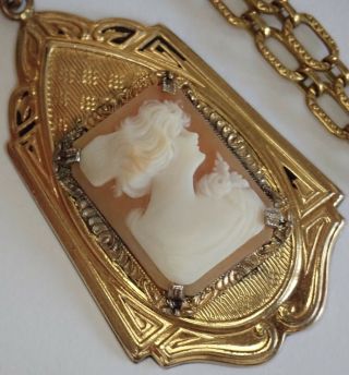 Antique Edwardian Art Deco Gold Filled Carved Shell Cameo Pendant Necklace