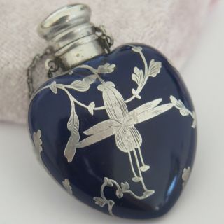 Antique Art Nouveau Silver Overlay Blue Glass Heart Perfume Chatelaine Bottle
