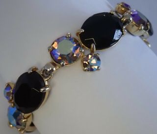 Chic Vintage Schiaparelli Gold Plate Aurora Borealis Black Rhinestone Bracelet