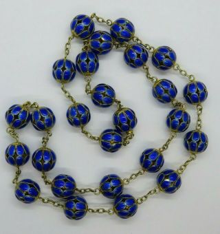 Vintage Chinese Export Gilt Silver Blue Cloisonne Enamel Chain Bead Necklace 30 "