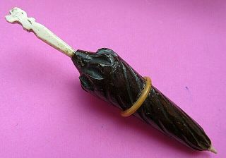 Antique Carved Wooden Rolled Parasol Sewing Needle Case,  Dog Head Handle
