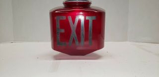 Vintage Three Sided Ceiling Exit Sign Ruby Red Glass Light Shade Globe