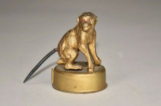 Antique German White Metal Painted Gold Monkey W/ Ruby Eyes Figural Tape Measure
