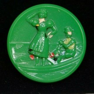 Antique Vtg Glass Button Man And A Lady In A Boat V