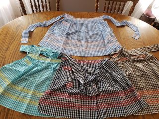 4 Vintage Embroidered Plaid Cotton Kitchen Aprons With Pockets Never Worn