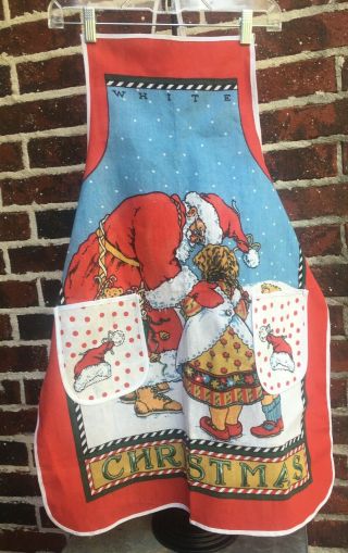 Vintage White Christmas Santa & Girl Bib Apron With Neck Strap And Tie Strings
