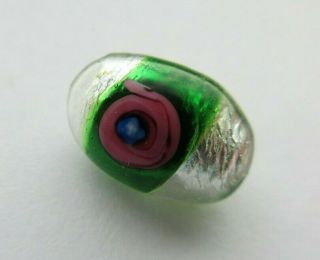 Stellar Antique Vtg Foiled Glass Charmstring Button W/ Peacocks Eye 7/16 " (r)