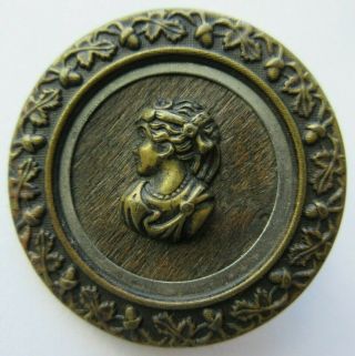 Outstanding Large Antique Wood Back Metal Picture Button Ladies Head Acorns (r)