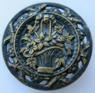 Spectacular Xl Antique Vtg Japanned Metal Picture Button Basket Of Flowers (r)