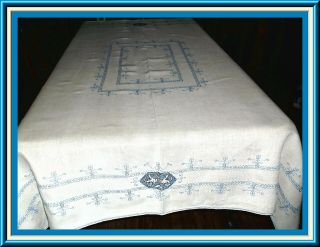 Fabulous Vintage Hand Embroidered Linen Tablecloth With Stunning Design