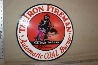 Rare Iron Fireman Coal Burner Dealer Robot Porcelain Metal Sign Gas Oil Farm