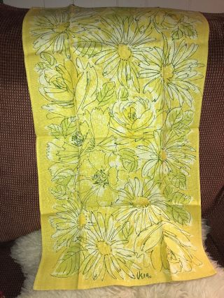 Vintage Vera Neumann Linen Tea Towel Yellow Green Floral Daisy Signed Euc