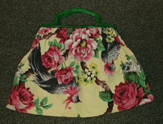 Vintage Knitting Sewing Bag Plastic Handles Floral Barkcloth Yellow W/bird Lined
