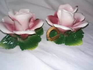 2 Vtg Capodimonte Porcelain Pink Rose Candle Holders Made In Italy By Ancora