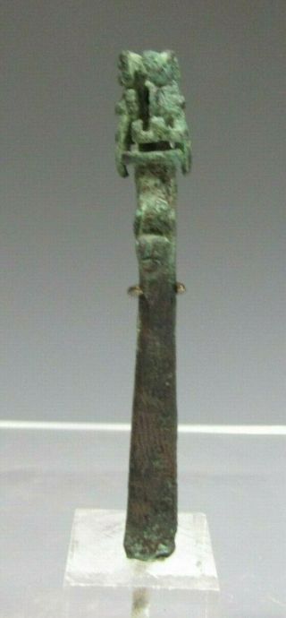 Pre Columbian Peru Moche Mochica Bronze Spatula W/ Zoomorphic Decor Ca.  450 Ad