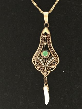 Antique Edwardian Art Deco 14k Yellow Gold Emerald Pearl Lavalier Pendant &chain