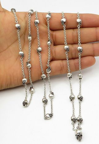Gr 925 Sterling Silver - Vintage Skull Head Accented Chain Necklace - N2651