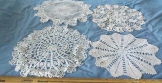 4 Vintage White Cotton Hand Crochet Doilies 12 " And 14 "