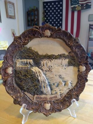 Vintage Niagara Falls Souvenir Plate Hand Painted Carved Ceramic Austria 9 3/4 "