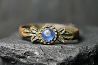 Rare Ancient Viking Bronze Blue Stone Ring,  Antique Authentic,  6 - 11 Century Ad.