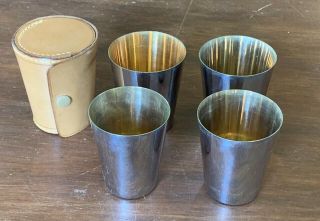 Vintage Silver Plate Shot Cups Glasses Leather Travel Case Made In Germany