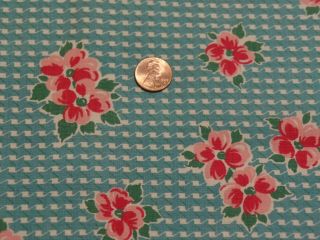 Vtg Cotton,  Quilting Fabric,  Turquoise Blue & White Background,  Pink/red Flowers