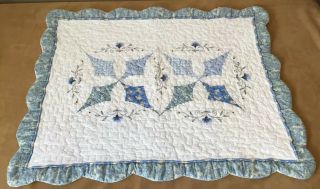 Patchwork Quilt Wall Hanging,  Diamonds,  Floral Embroidery,  Floral Calicos,  Blue