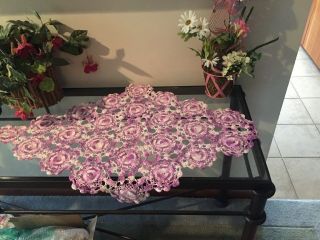 Vintage Hand Crotched Purple Table Runner Or Dresser Scarf & 5 Doilies