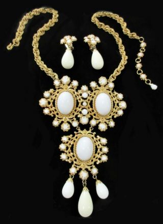 Schreiner Winter White Massive High Dome Pin Pendant Necklace & Earrings Set