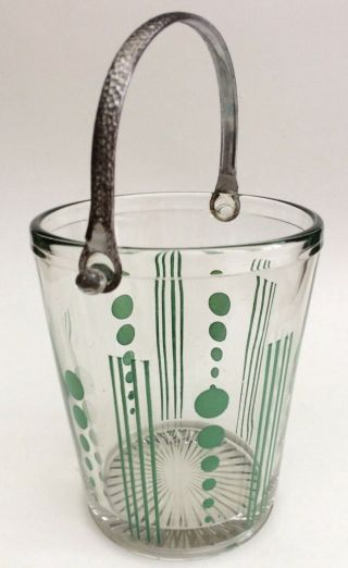Vintage Green Painted Glass Ice Bucket Hammered Handle Barware Art Deco